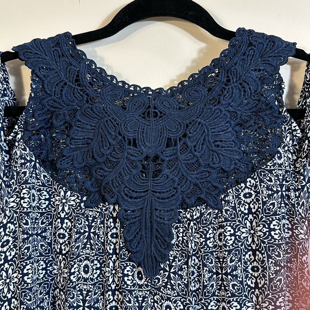 Knox Rose Embroidered Lace Blue White Floral Mini Cold Shoulder Dress Small - Picture 4 of 9